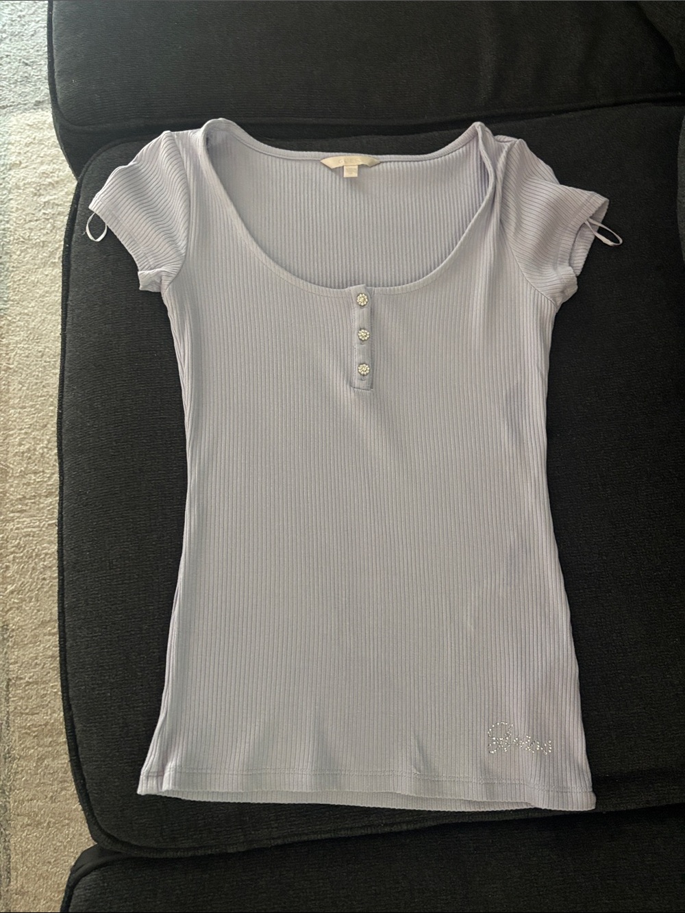 Guess Light Lavender Ribbed Scoop Neck Tee with Button Placket